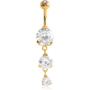 Gold Pvd Coated Surgical Steel Triple Round Cz Double Jewelled Dangle Navel Banana