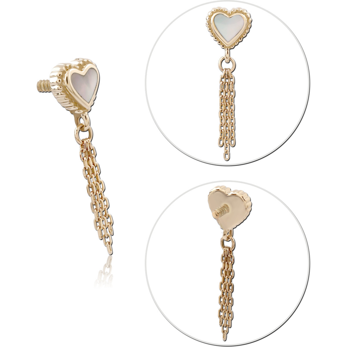 14K GOLD JEWELED HEART ATTACHMENT WITH DANGLING CHAINS FOR 1.2MM INTERNALLY THREADED PINS
