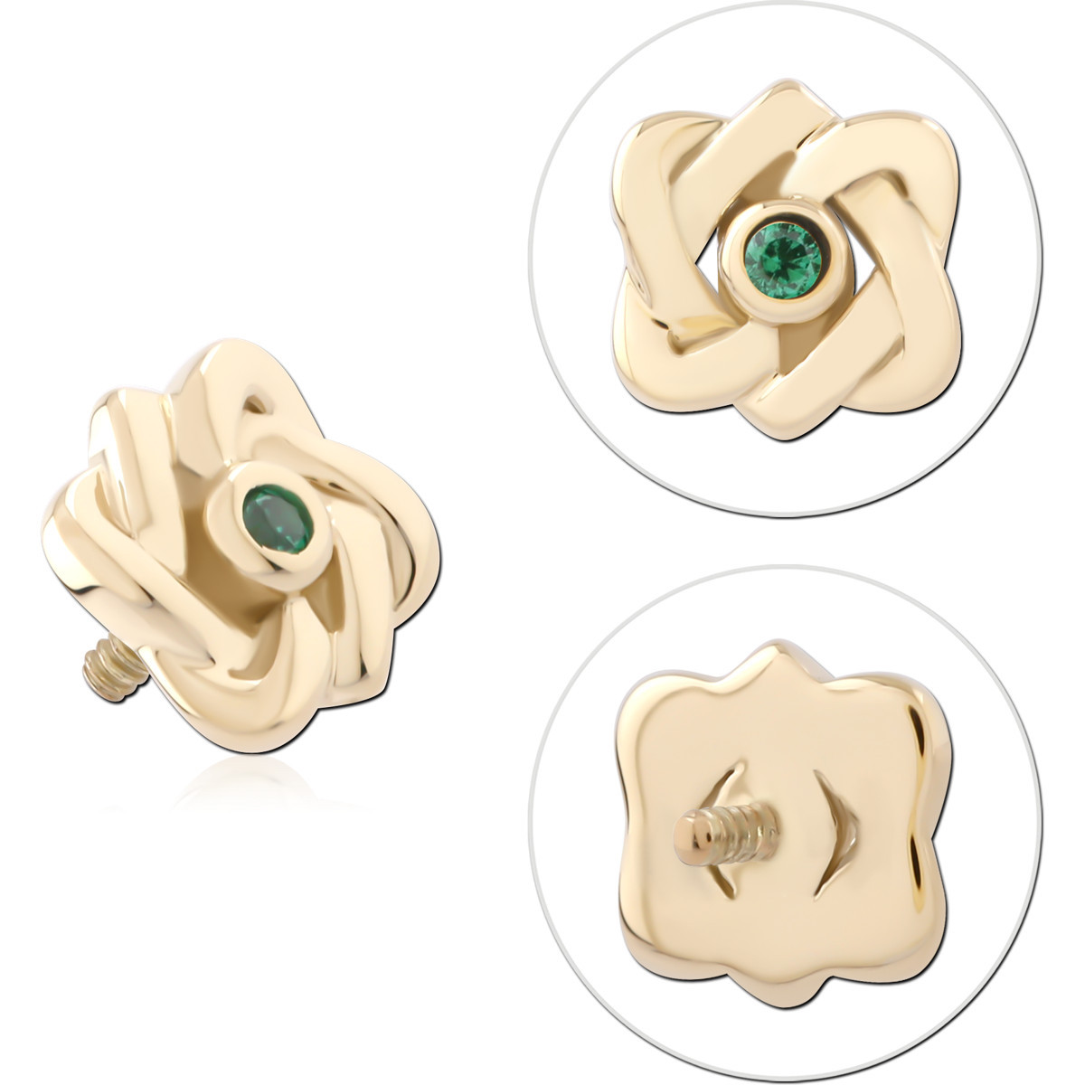 14K YELLOW GOLD INTERNAL THREADED ATTACHMENT FOR 1.2MM KNOT FLOWER GREEN CENTER GEM