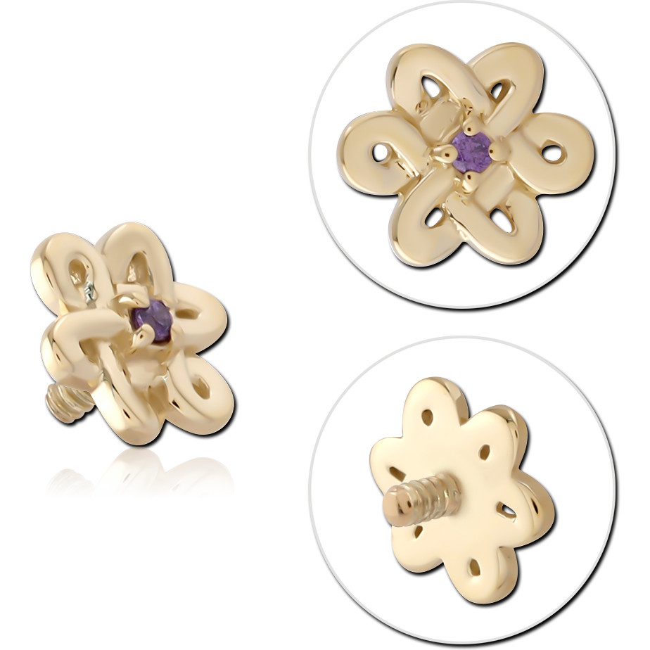 14K YELLOW GOLD INTERNAL THREADED ATTACHMENT FOR 1.2MM OPEN PETAL FLOWER PURPLE CENTER GEM