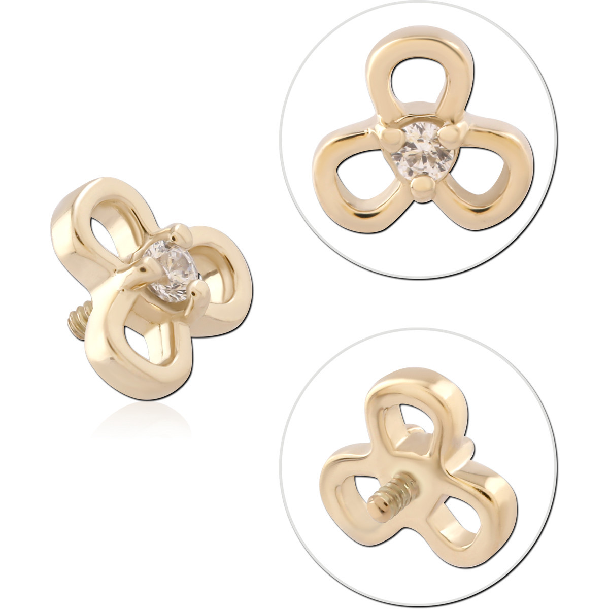 14K YELLOW GOLD INTERNAL THREADED ATTACHMENT FOR 1.2MM TREFOIL OPENWORK WITH CENTER GEM