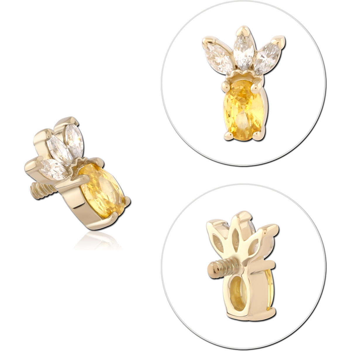 14K YELLOW GOLD INTERNAL THREADED ATTACHMENT FOR 1.2MM TOP OVAL YELLOW GEM WITH TRIPLE MARQUISE