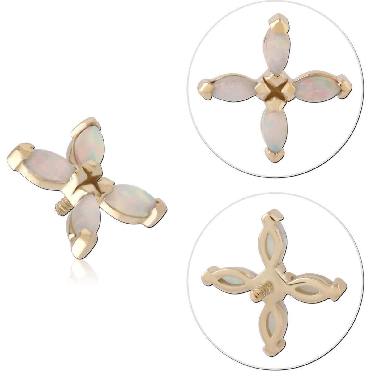 14K YELLOW GOLD INTERNAL THREADED ATTACHMENT FOR 1.2MM TOP FOUR MARQUISE IRIDESCENT GEM CROSS