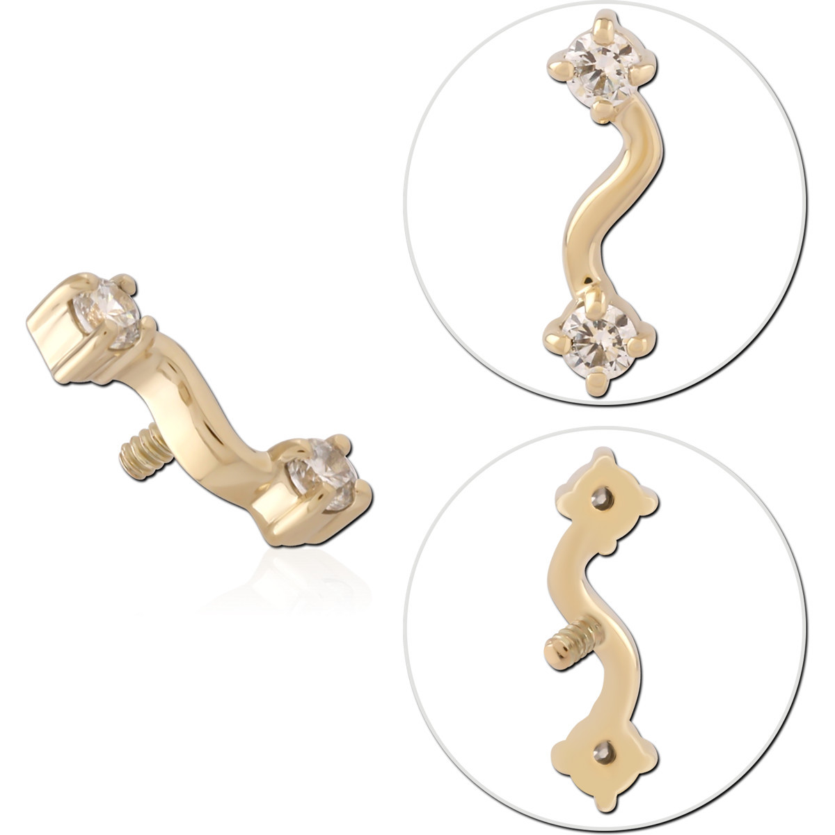 14K YELLOW GOLD INTERNAL THREADED ATTACHMENT FOR 1.2MM TOP CURVED BAR WITH DUAL ROUND GEMS