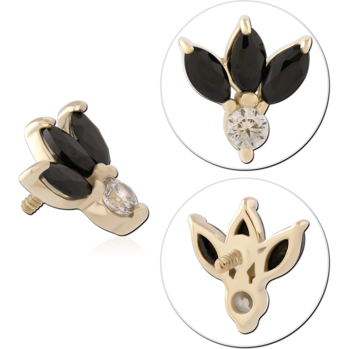 14K YELLOW GOLD INTERNAL THREADED ATTACHMENT FOR 1.2MM TOP BLACK MARQUISE CLUSTER WITH ROUND GEM