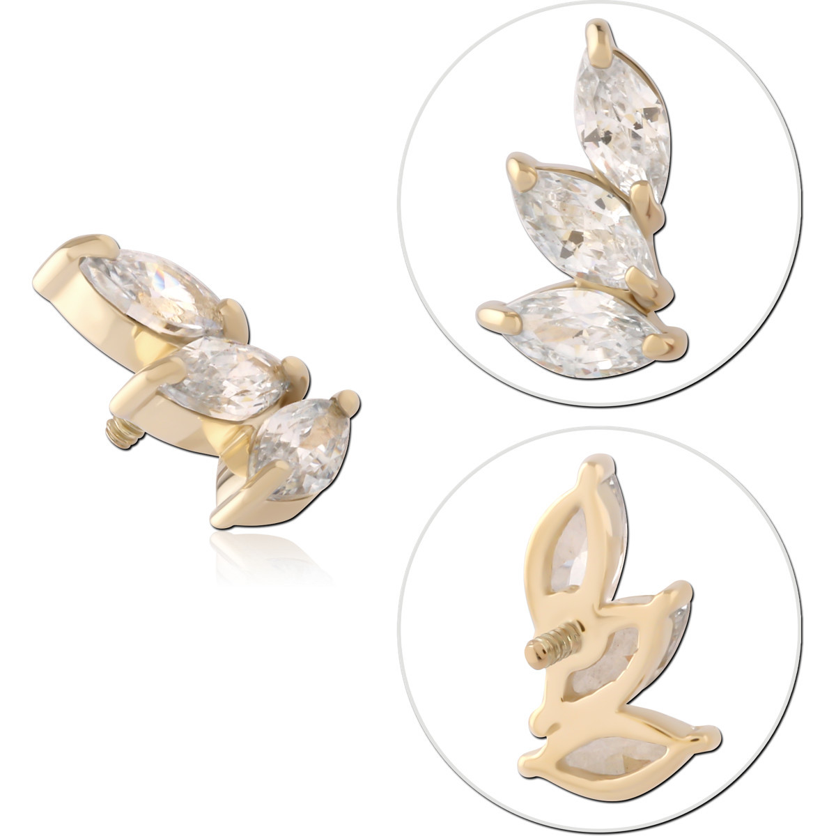 14K YELLOW GOLD INTERNAL THREADED ATTACHMENT FOR 1.2MM TOP TRIPLE MARQUISE GEM LEAF LEFT CURVE