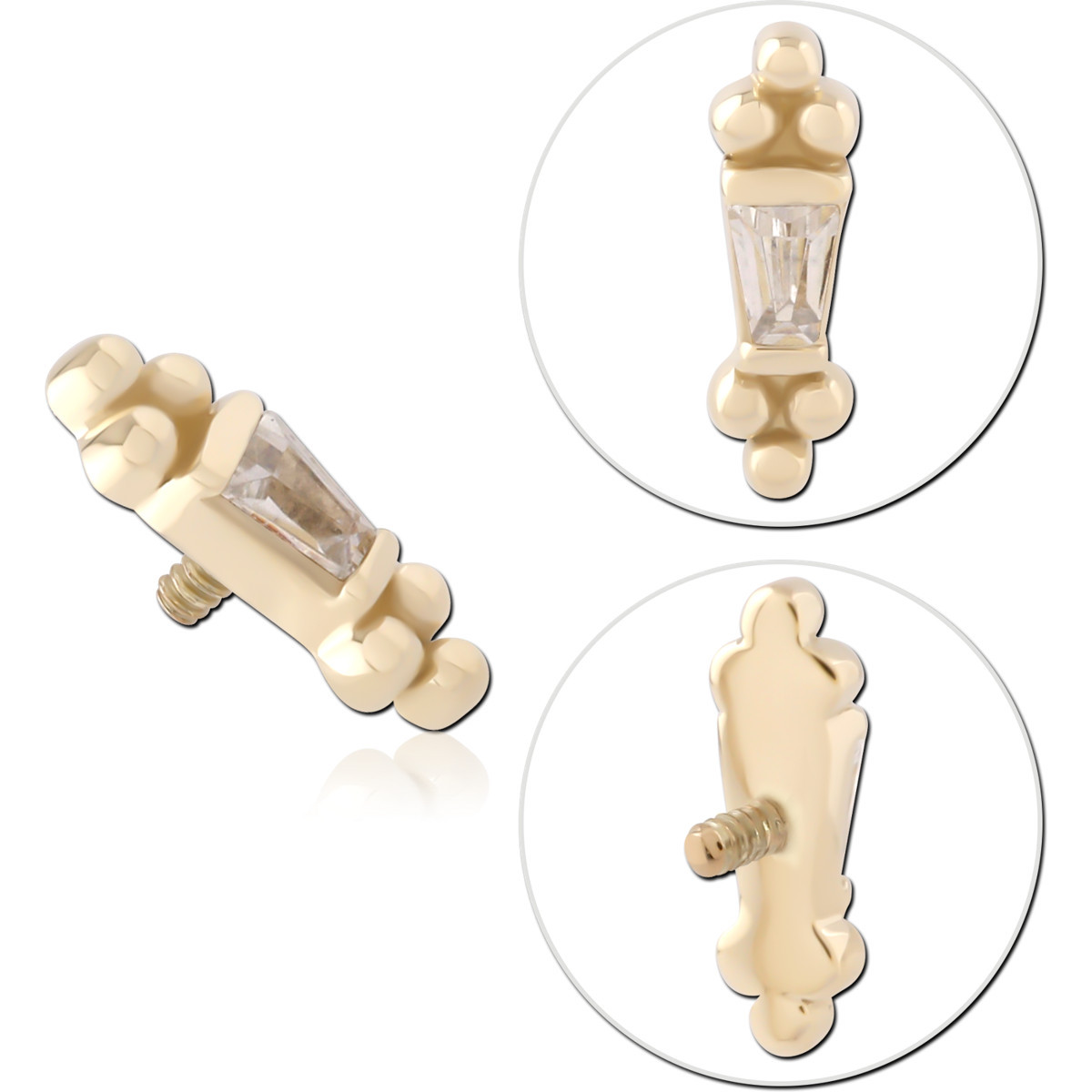 14K YELLOW GOLD INTERNAL THREADED ATTACHMENT FOR 1.2MM TOP TAPERED BAGUETTE GEM WITH BEADED ENDS