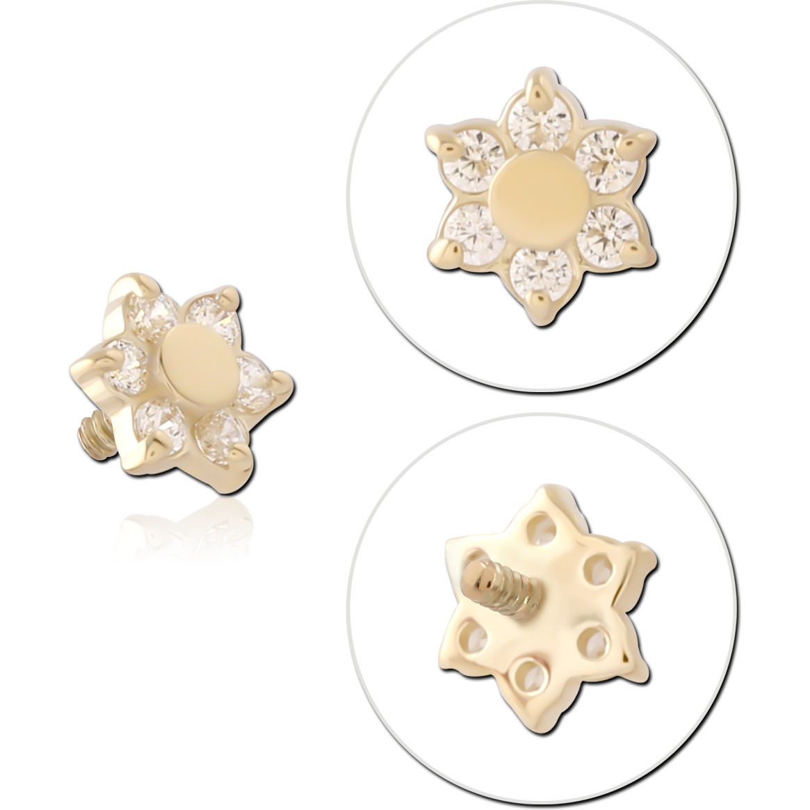 14K YELLOW GOLD INTERNAL THREADED ATTACHMENT FOR 1.2MM TOP SIX PETAL FLOWER WITH GEM PETALS