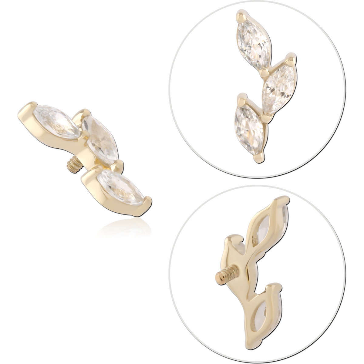 14K YELLOW GOLD INTERNAL THREADED ATTACHMENT FOR 1.2MM TOP RIGHT-FACING TRIPLE MARQUISE GEM
