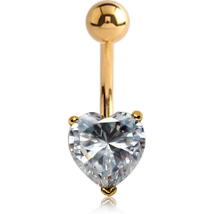 14K GOLD HEART PRONG SET 8MM CZ NAVEL BANANA WITH HOLLOW TOP BALL