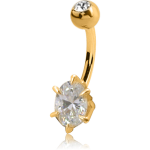 14K GOLD OVAL PRONG SET CZ NAVEL BANANA WITH JEWELLED TOP BALL
