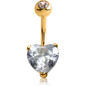 14K GOLD HEART PRONG SET 6MM CZ NAVEL BANANA WITH JEWELLED TOP BALL