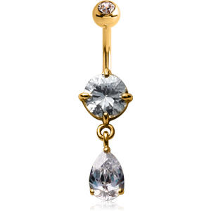 14K GOLD ROUND CZ DANGLE NAVEL BANANA WITH JEWELLED TOP BALL