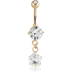 14K GOLD FLOWER CZ DANGLE NAVEL BANANA WITH JEWELLED TOP BALL