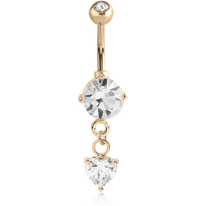 14K GOLD HEART CZ DANGLE NAVEL BANANA WITH JEWELLED TOP BALL