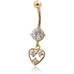 14K GOLD CZ HEART CHARM NAVEL BANANA WITH HOLLOW TOP BALL