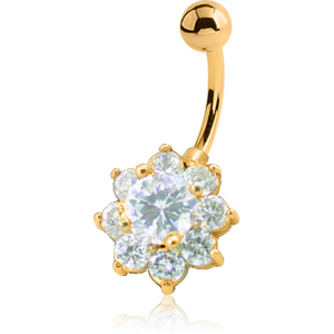 18K GOLD FLOWER MULTI CZ NAVEL BANANA WITH HOLLOW TOP BALL