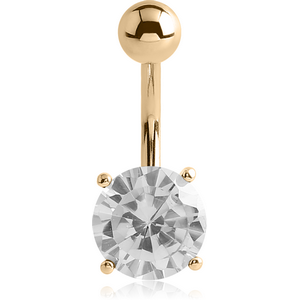 18K GOLD ROUND PRONG SET 6MM CZ NAVEL BANANA HOLLOW TOP BALL