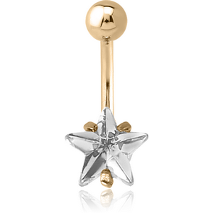 18K GOLD STAR PRONG SET 8MM CZ NAVEL BANANA WITH HOLLOW TOP BALL