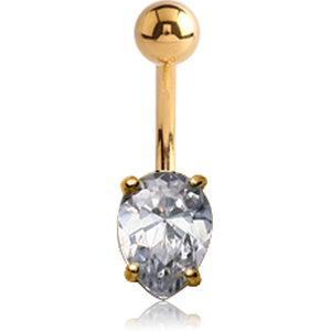 18K GOLD INVERTED PEAR PRONG SET 5X7MM CZ NAVEL BANANA WITH HOLLOW TOP BALL
