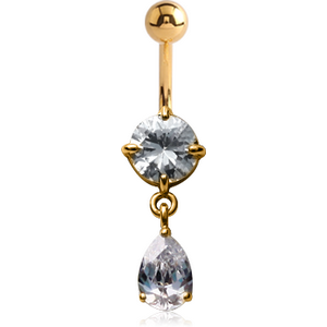 18K GOLD ROUND CZ DANGLE NAVEL BANANA WITH HOLLOW TOP BALL