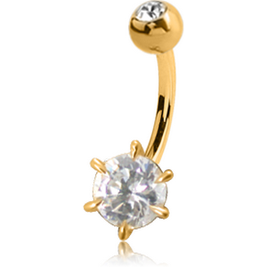 18K GOLD ROUND PRONG SET CZ NAVEL BANANA WITH JEWELLED TOP BALL