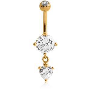 18K GOLD ROUND CZ AND HEART DANGLE NAVEL BANANA WITH JEWELLED TOP BALL