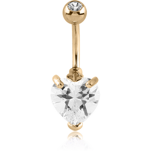 18K GOLD HEART PRONG SET 5MM CZ NAVEL BANANA WITH JEWELLED TOP BALL