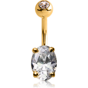 18K GOLD OVAL PRONG SET 5X7MM CZ NAVEL BANANA WITH JEWELLED TOP BALL