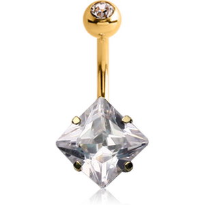 18K GOLD SQUARE PRONG SET 8MM CZ NAVEL BANANA WITH JEWELLED TOP BALL