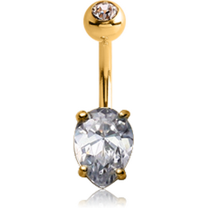 18K GOLD INVERTED PEAR PRONG SET 5X7MM CZ NAVEL BANANA WITH JEWELLED TOP BALL