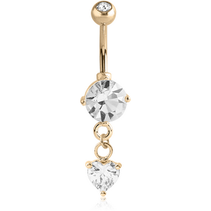 18K GOLD HEART CZ DANGLE NAVEL BANANA WITH JEWELLED TOP BALL