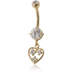 18K GOLD DOUBLE JEWELLED NAVEL BANANA WITH CZ HEART CHARM