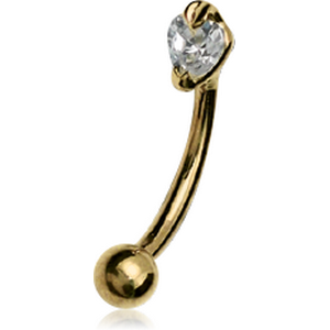 18K GOLD PRONG SET HEART CZ CURVED MICRO BARBELL