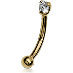 18K GOLD PRONG SET ROUND CZ CURVED MICRO BARBELL