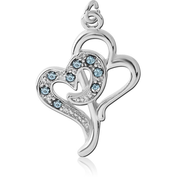 RHODIUM PLATED BRASS JEWELLED DOUBLE HEART CHARM
