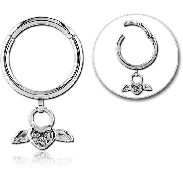 SURGICAL STEEL ROUND HINGED SEGMENT RING WITH HOOP AND JEWELED DANGLING CHARM - FLOWER