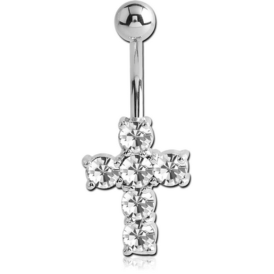 RHODIUM PLATED JEWELED CROSS FASHION NAVEL BANANA