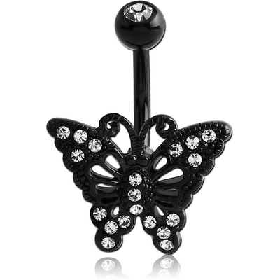 BLACK PVD COATED BRASS DOUBLE JEWELLED BUTTERFLY NAVEL BANANA