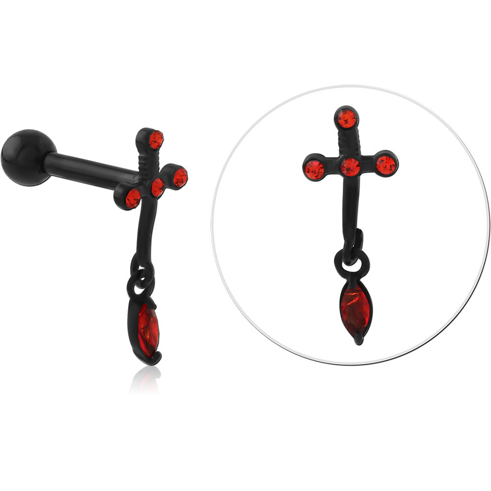 316L BLACK PVD COATED SURGICAL STEEL BARBELL RED GEM WITH CROSS AND MARQUISE CHARMS