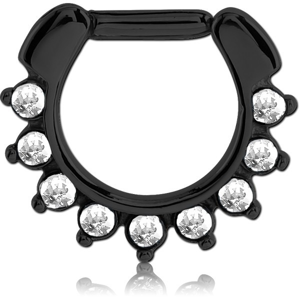 BLACK PVD COATED SURGICAL STEEL ROUND JEWELLED HINGED SEPTUM CLICKER