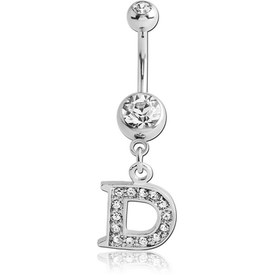 SURGICAL STEEL DOUBLE JEWELED NAVEL BANANA WITH JEWELED LETTER CHARM - D