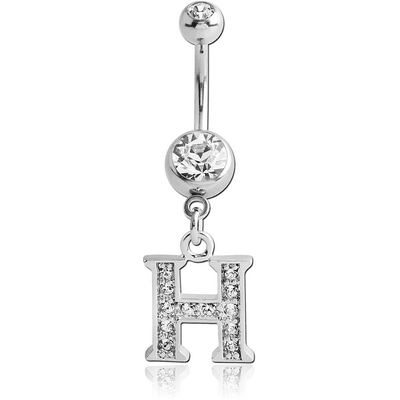 SURGICAL STEEL DOUBLE JEWELED NAVEL BANANA WITH JEWELED LETTER CHARM - H