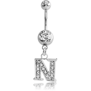 SURGICAL STEEL DOUBLE JEWELED NAVEL BANANA WITH JEWELED LETTER CHARM - N
