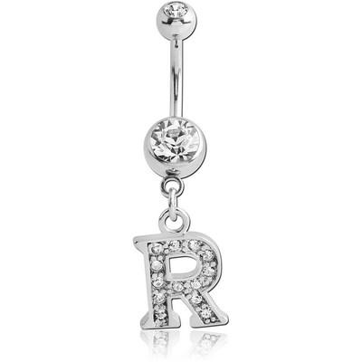SURGICAL STEEL DOUBLE JEWELED NAVEL BANANA WITH JEWELED LETTER CHARM - R
