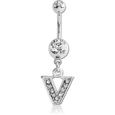 SURGICAL STEEL DOUBLE JEWELED NAVEL BANANA WITH JEWELED LETTER CHARM - V