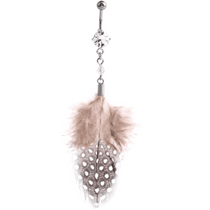 RHODIUM PLATED BRASS JEWELLED NAVEL BANANA WITH DANGLING CHARM - FEATHER