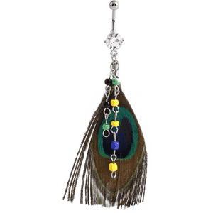 RHODIUM PLATED BRASS JEWELLED NAVEL BANANA WITH DANGLING CHARM - FEATHER