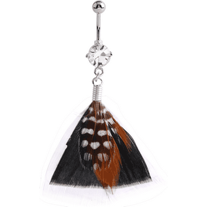 RHODIUM PLATED BRASS JEWELLED NAVEL BANANA WITH DANGLING CHARM - FEATHER