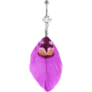 RHODIUM PLATED BRASS JEWELLED NAVEL BANANA WITH DANGLING CHARM - FEATHER